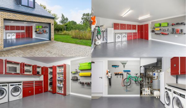 Garage design red cubio storage cabinets and wall panels