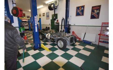 green and white garage floor tiles in a modern garage