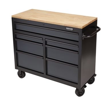 A mobile black tool cabinet with multiple drawers, designed for easy transportation and storage of tools.