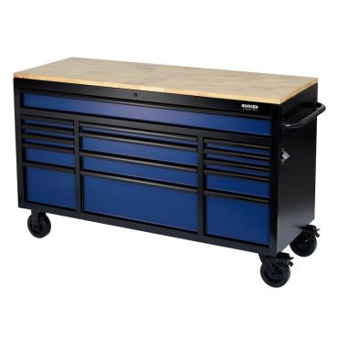A mobile tool cabinet in blue and black, equipped with wheels for easy transportation.