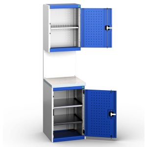 A compact blue and white metal cabinet with two doors, perfect for organizing and storing items.