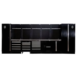 Draper Tools BUNKER modular storage system features a sturdy black workbench with drawers, cabinets, and adjustable shelves. Made of high-quality steel with a textured finish, it has soft-close drawers and a hardwood worktop. The wall cabinets have lift-u