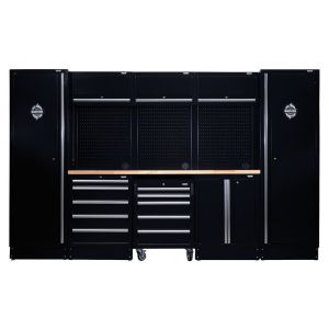 A black workbench with drawers and cabinets. Draper Tools BUNKER modular storage system offers versatile storage solutions for your garage or workshop. Made from premium-grade steel with a matt black textured finish, it includes adjustable shelves, soft-c