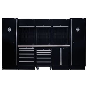 A black garage cabinet with drawers and drawers.