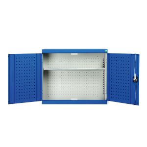 Blue metal storage cabinet with 2 shelves. 800mm wide Cubio Overhead Cupboards for wall mounting. Height 700mm, Width 800mm (double door).