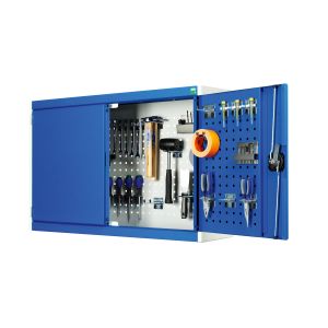 Blue cabinet with tools and tools in it. 1050mm wide Cubio Overhead Cupboards for wall mounting. 10-year guarantee, 75kg UDL capacity shelf.