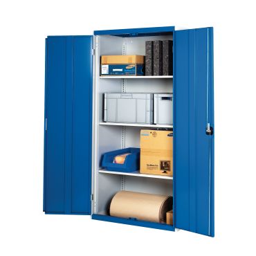 Blue storage cabinet with shelves and boxes. 2000mm H x 1050mm W. Reinforced welded steel housing, 3 galvanised steel shelves with 75kg U.D.L capacity. Scratch-resistant powder-coated finish. Doors with 3-point locking mechanism.