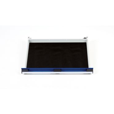 A metal tray with a blue handle on a white surface, accompanied by rubber inlay mats for tool protection and drawer organization.