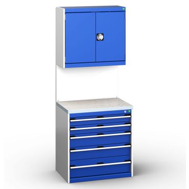 A blue and white cabinet assembly with drawers, worktops, and back panels. Available in various widths and depths to fit your space.