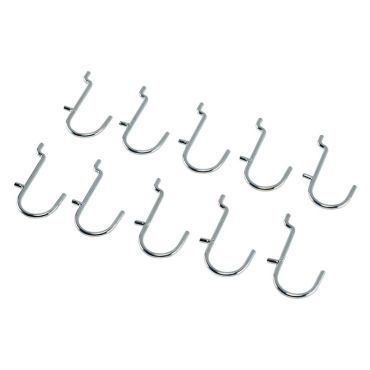 A set of six durable steel J-hooks on a white background. Perfect for organizing tools on back panels or pegboards in your garage or workshop.