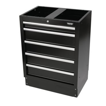 A black tool cabinet with five drawers, perfect for organizing and storing tools efficiently.