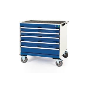 A blue and white tool cabinet with wheels, measuring 800mm wide and 650mm deep. Offers various height and drawer combination options.