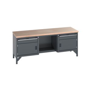 A grEy workbench with wooden top and two drawers, providing a sturdy and functional workspace.