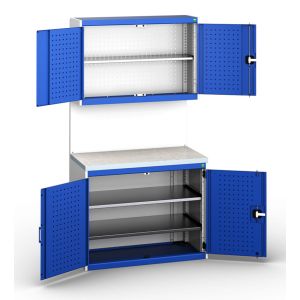 A compact blue and white cabinet with two doors, part of a versatile assembly for organizing and maximizing storage space.