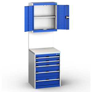 A blue cabinet with drawers and a white cabinet, part of a free-standing assembly for convenient storage. Available in various widths to fit your space.