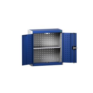 Blue metal cabinet with two shelves, 650mm wide Cubio Overhead Cupboards for wall mounting.