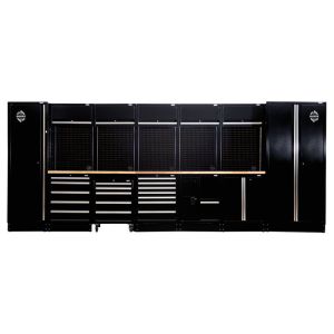 A black workbench with drawers and cabinets. Draper Tools BUNKER modular storage system offers versatile storage solutions for your garage or workshop. Made from premium-grade steel with a matt black textured finish, it includes adjustable shelves, soft-c