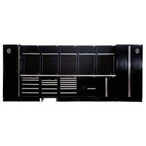 A black cabinet with drawers and drawers. Draper Tools BUNKER modular storage system offers versatile storage with adjustable shelves and soft-close drawers. It features a hardwood worktop, rubbish bin, and power supply access. The cabinet is made of prem