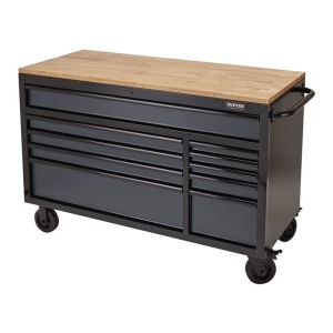 A black tool cabinet with drawers and a wooden top, providing storage space for tools and a sturdy work surface.