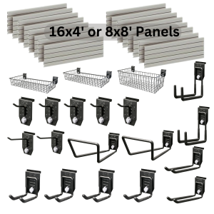 Slatwall storage kit for gyms in a garage