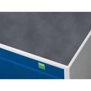 A close-up of a blue cabinet with a white countertop. The cabinet has four raised, light grey edges and a slip-resistant mat. Cabinet height is increased by 15mm. Standard widths are 525mm, 650mm, 800mm, and 1050mm.